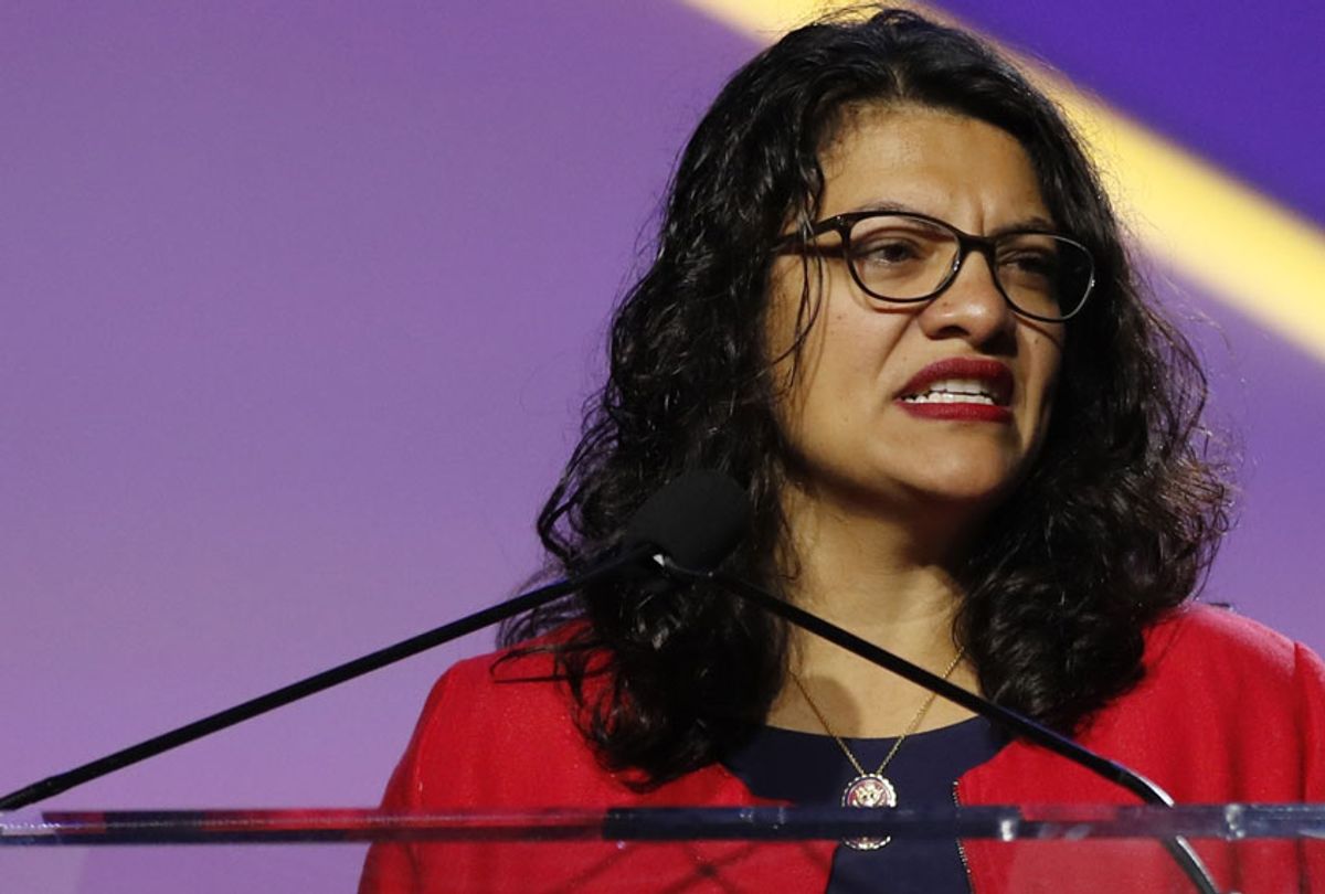 Rep. Rashida Tlaib, D-Mich., addresses the 110th NAACP National Convention, Monday, July 22, 2019, in Detroit. (AP/Carlos Osorio)