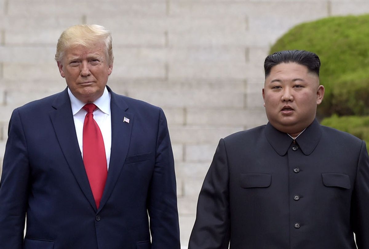 President Donald Trump meets with North Korean leader Kim Jong Un at the North Korean side of the border at the village of Panmunjom in Demilitarized Zone, Sunday, June 30, 2019.  (AP/Susan Walsh)