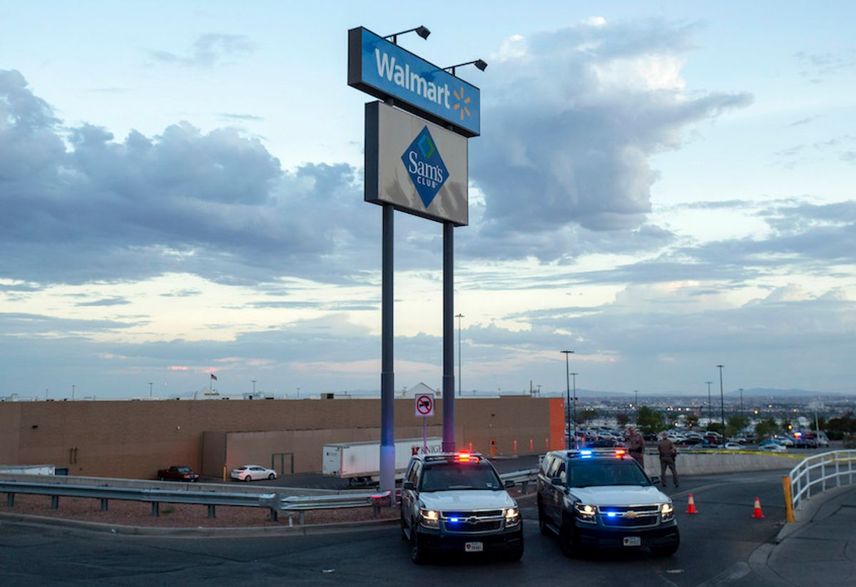 Texas state police cars block the access to the Walmart store in the aftermath of a shooting in El Paso, Tx., Saturday, Aug. 3, 2019.  (AP/Andres Leighton)