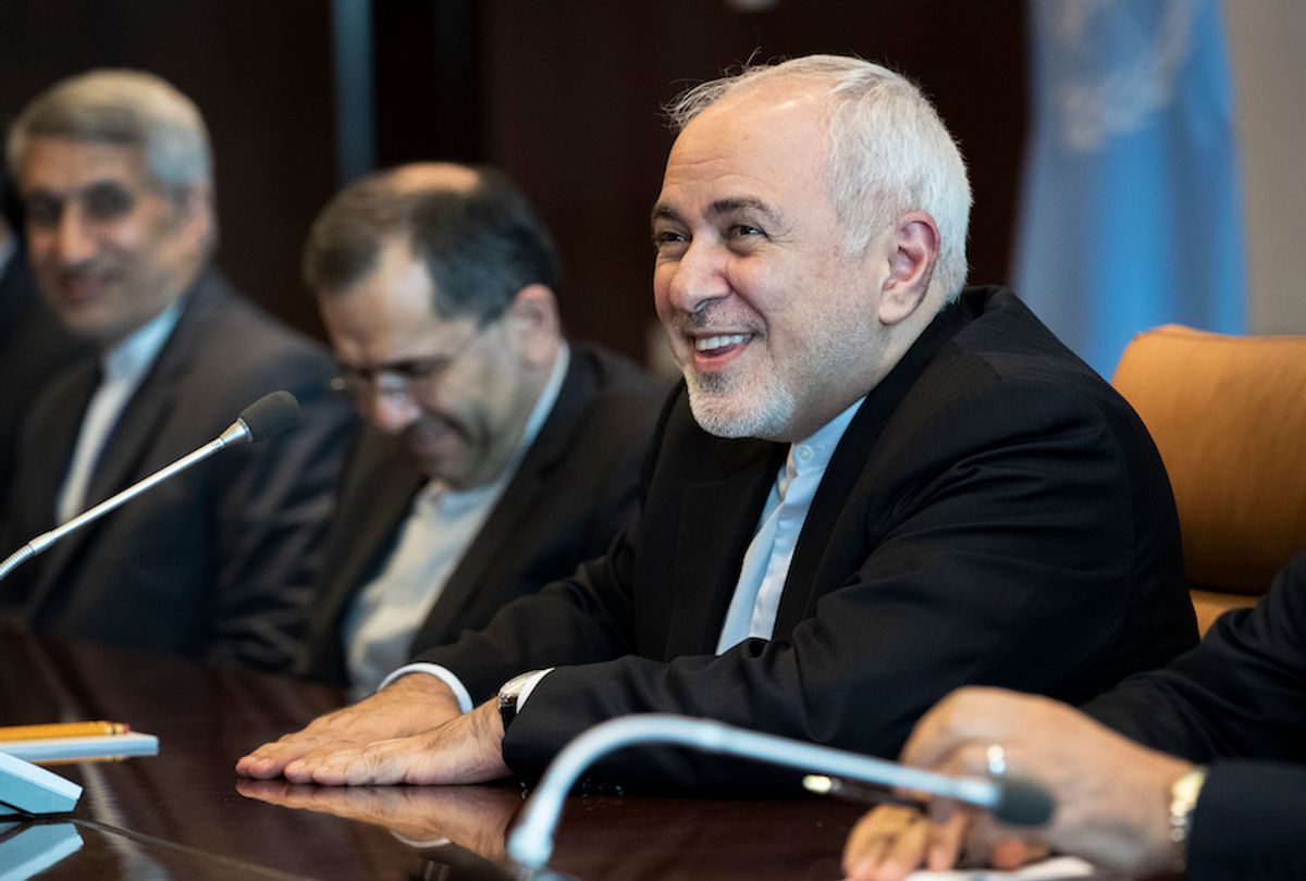 NEW YORK, NY - JULY 18: Mohammad Javad Zarif (R), the foreign minister of Iran, smiles as he arrives for a meeting with UN Secretary-General Antonio Guterres at United Nations headquarters, July 18, 2019 in New York City.  (Drew Angerer/Getty Images)