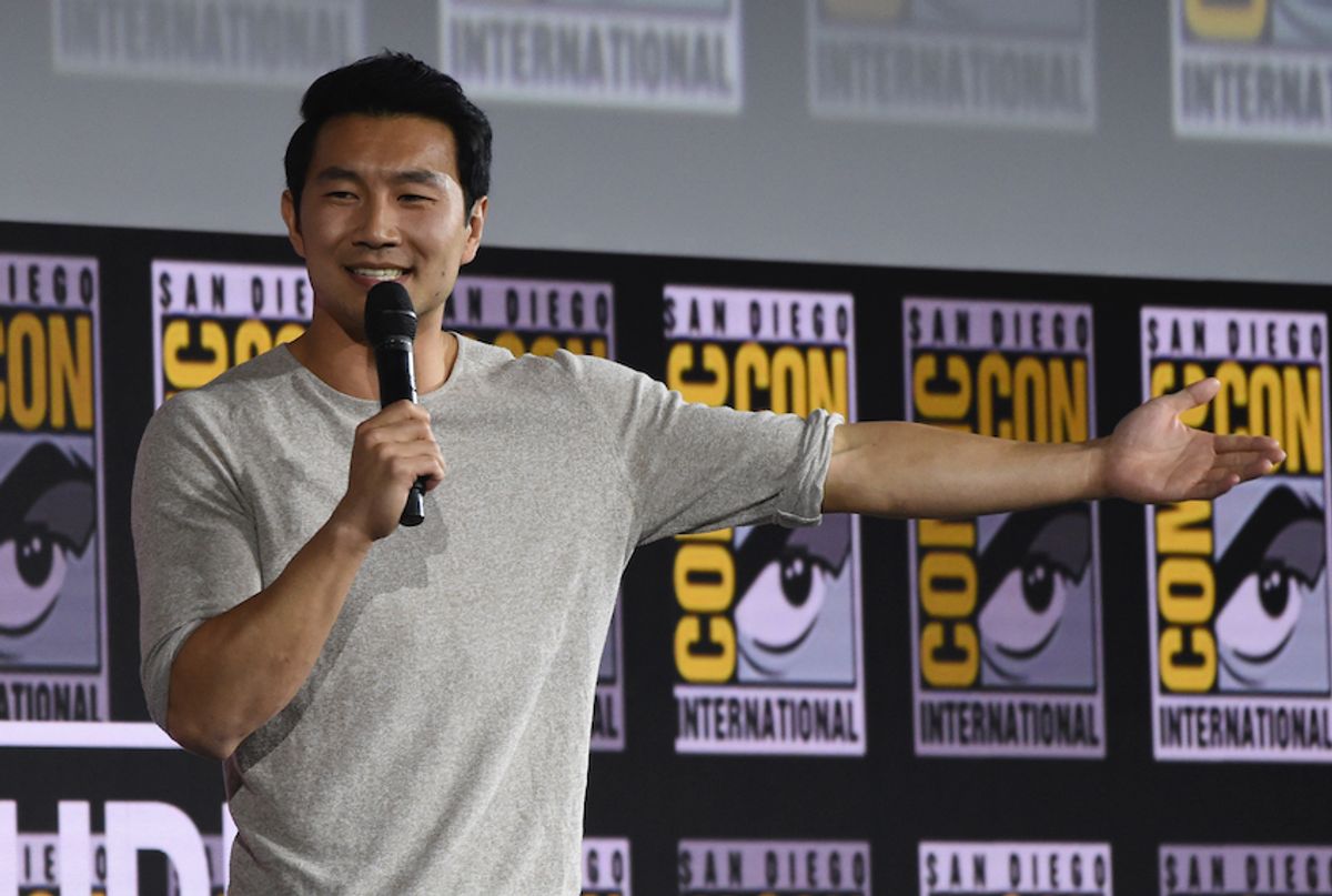 Simu Liu speaks during the "Shang-Chi and The Legend of the Ten Rings" portion of the Marvel Studios panel on day three of Comic-Con International on Saturday, July 20, 2019, in San Diego.  (Chris Pizzello/Invision/AP)