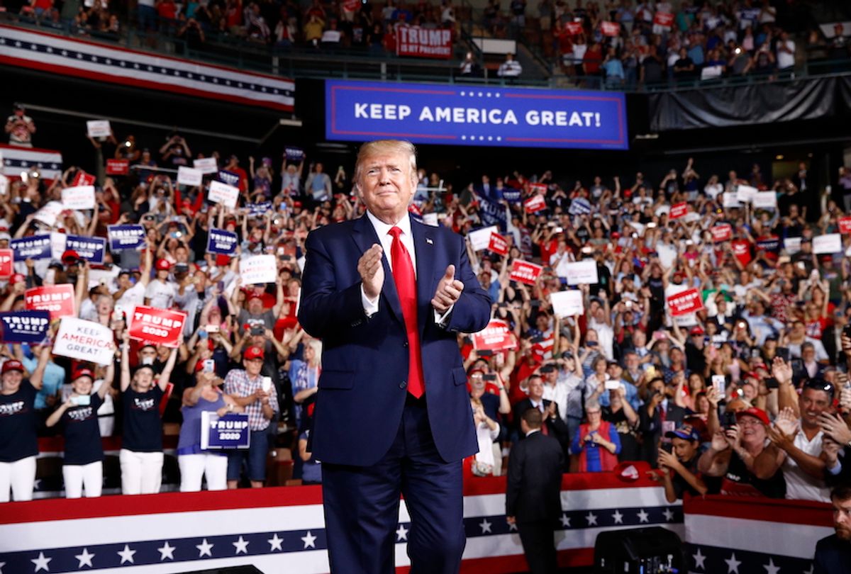 President Donald Trump arrives to speaks at a campaign rally, Thursday, Aug. 15, 2019, in Manchester, N.H.  (AP Photo/Patrick Semansky)