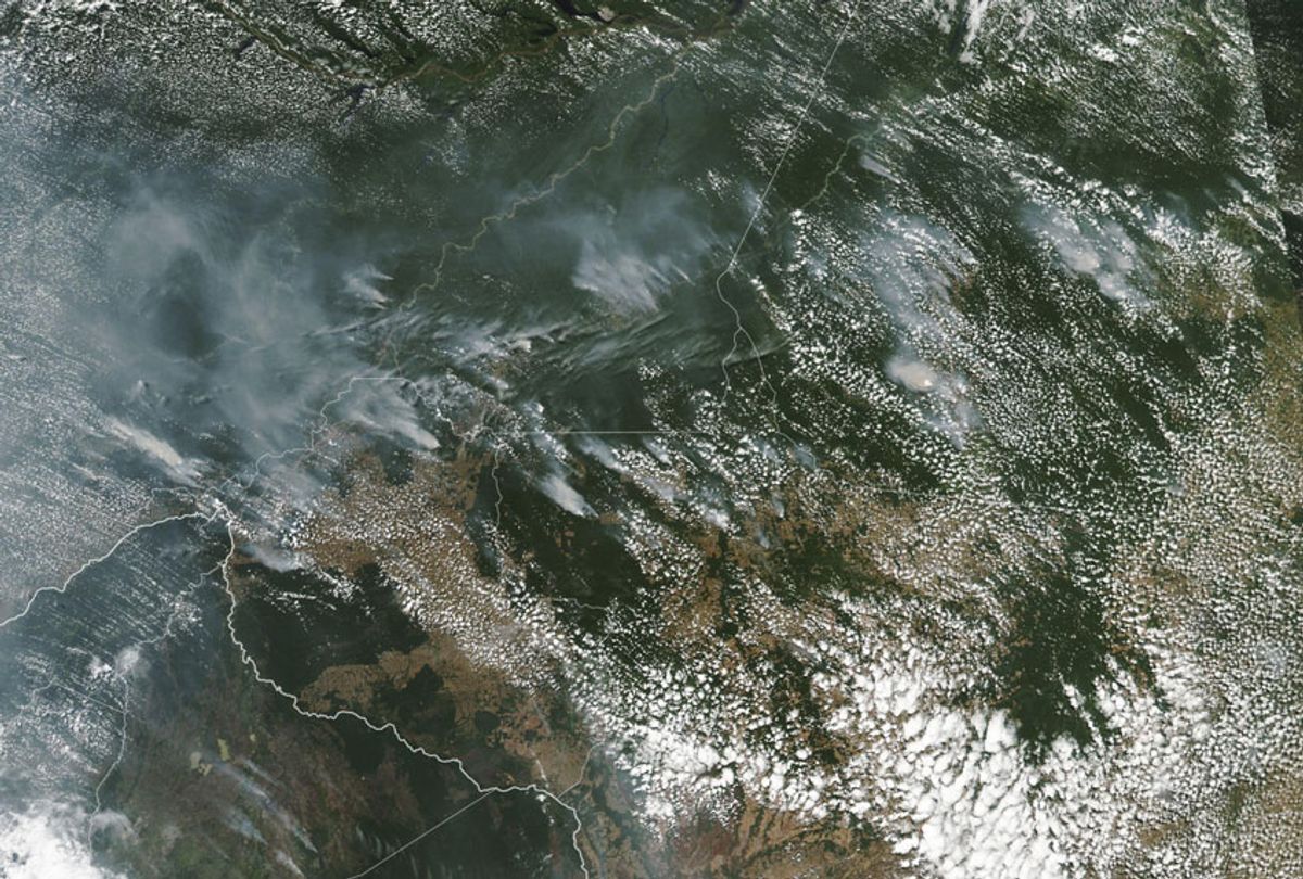 This satellite image provided by NASA on Aug. 13, 2019 shows several fires burning in the Brazilian Amazon forest. (NASA via AP)