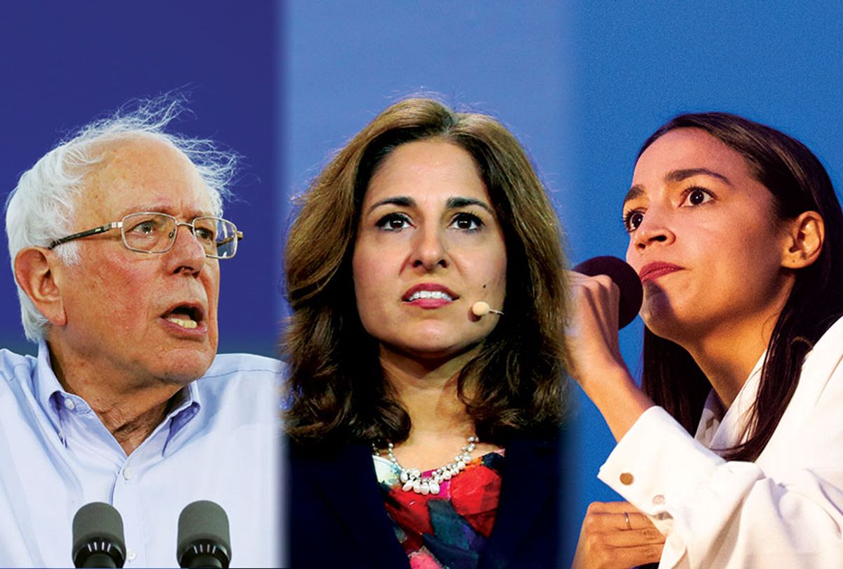 Bernie Sanders, Nera Tanden and Alexandria Ocasio-Cortez; (Getty/Drew Angerer/Neilson Barnard/Mario Tama)