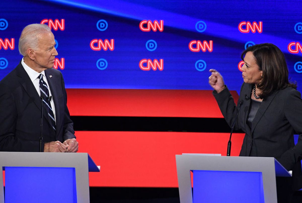 Democratic presidential Sen. Kamala Harris (D-CA) speaks as former Vice President Joe Biden (L) listens during the second round of the second Democratic primary debate of the 2020 presidential campaign season hosted by CNN at the Fox Theatre in Detroit, Michigan on July 31, 2019. (Getty/Jim Watson)
