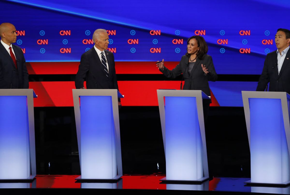 Sen. Cory Booker, D-N.J., former Vice President Joe Biden, Sen. Kamala Harris, D-Calif., and Andrew Yang participate in the second of two Democratic presidential primary debates hosted by CNN Wednesday, July 31, 2019, in the Fox Theatre in Detroit. (AP/Paul Sancya)