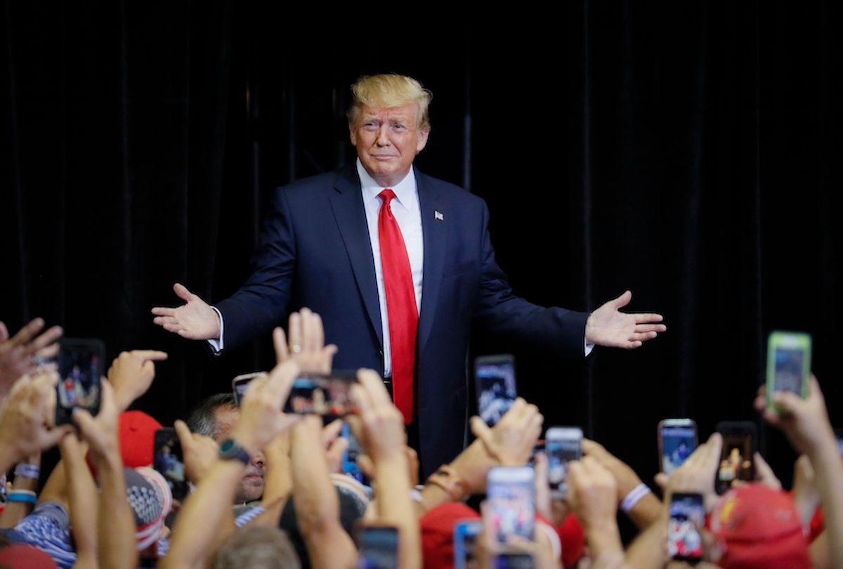 President Donald Trump arrives at a campaign rally at U.S. Bank Arena, Thursday, Aug. 1, 2019, in Cincinnati. (AP Photo/John Minchillo) (AP Photo/John Minchillo)