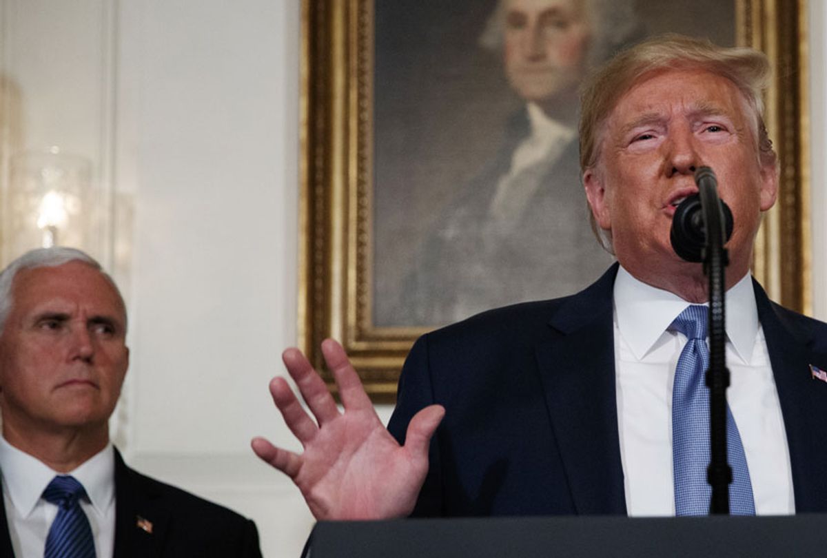 President Donald Trump speaks about the mass shootings in El Paso, Texas and Dayton, Ohio, in the Diplomatic Reception Room of the White House, Monday, Aug. 5, 2019, in Washington. (AP/Evan Vucci)