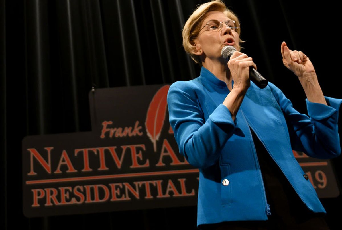 Democratic presidential candidate Sen. Elizabeth Warren (D-MA) answers questions from a panel member at the Frank LaMere Native American Presidential Forum on August 19, 2019 in Sioux City, Iowa. (Getty/Stephen Maturen)