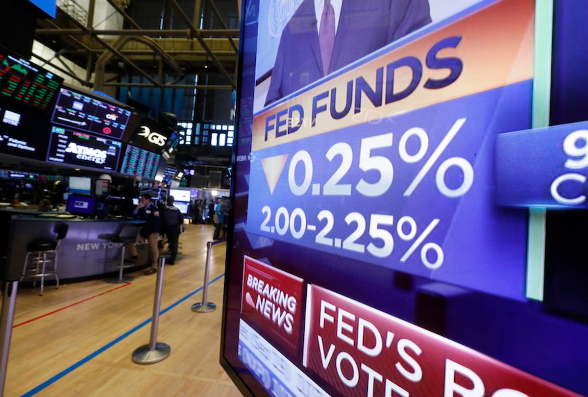 A television monitor on the floor of the New York Stock Exchange headlines the rate decision of the Federal Reserve, Wednesday, July 31, 2019. The Federal Reserve is cutting its key interest rate for the first time in a decade to try to counter threats ranging from uncertainties caused by President Donald Trump's trade wars to chronically low inflation and a dim global outlook. (AP Photo/Richard Drew) (AP Photo/Richard Drew)