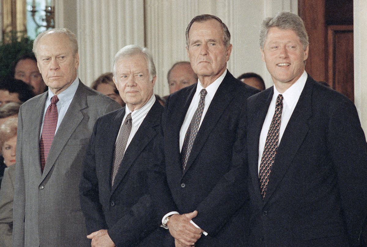 From left Gerald Ford, Jimmy Carter, George H.W. Bush and Bill Clinton. (AP Photo/Wilfredo Lee)