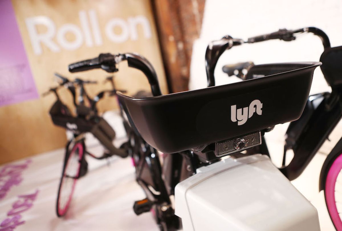 A Lyft bicycle is displayed following the Nasdaq opening bell ceremony celebrating Lyft's initial public offering (IPO) on March 29, 2019 in Los Angeles, California. (Mario Tama/Getty Images)