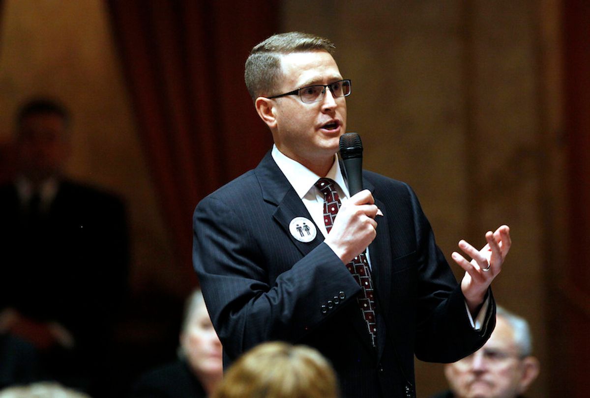FILE - In this Feb. 8, 2012 file photo Rep. Matt Shea, R-Spokane Valley, speaks about in Olympia, Wash. Newly leaked emails show that Shea, a Republican from Spokane Valley, has had close ties with a group that trained children and young men for religious combat. (AP Photo/Elaine Thompson,File) (AP Photo/Elaine Thompson,File)