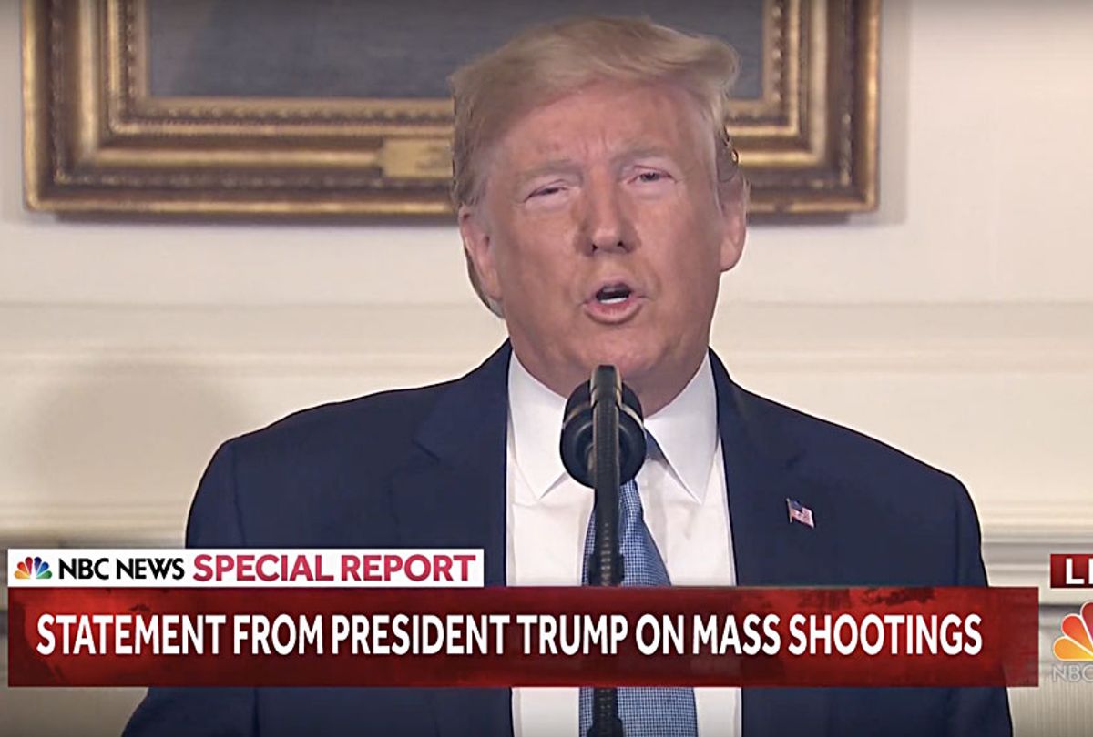 Donald Trump delivers remarks following mass shootings in El Paso, TX and Dayton, OH over the weekend. (YouTube/NBC News)