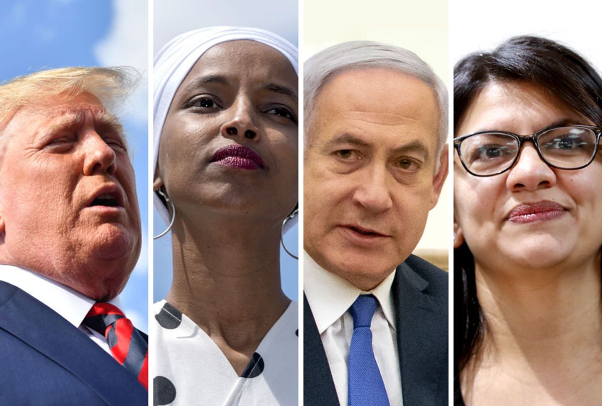 Donald Trump; Ilhan Omar; Benjamin Netanyahu; Rashida Tlaib (AP/Getty)