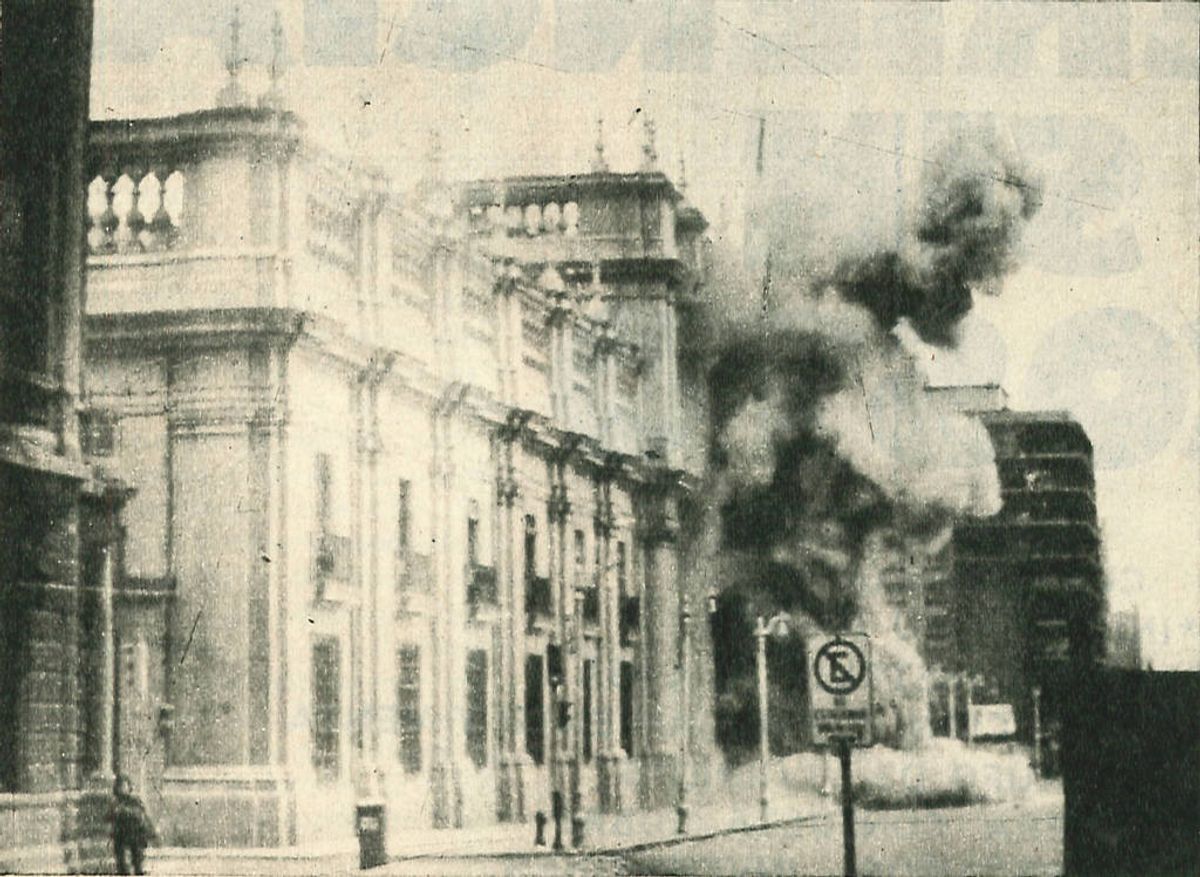 Bombing of the presidential palace in Santiago, Chile, during the CIA-sponsored coup of Sept. 11, 1973. (Biblioteca del Congreso Nacional de Chile)