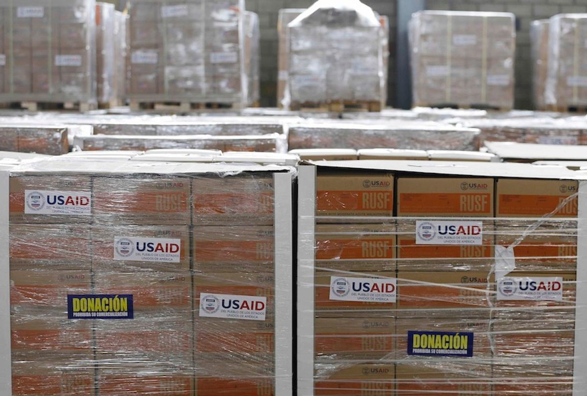 USAID humanitarian aid is stored at a warehouse next to the Tienditas International Bridge on the outskirts of Cucuta, Colombia, on the border with Venezuela, Tuesday, Feb. 19, 2019.  (AP Photo/Fernando Vergara)
