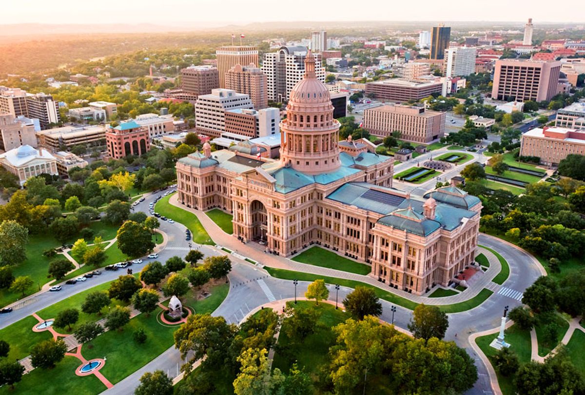 Capitol building, aerial skyline, sunset, Austin, TX, Texas State Capital  (Getty Images/ dszc)