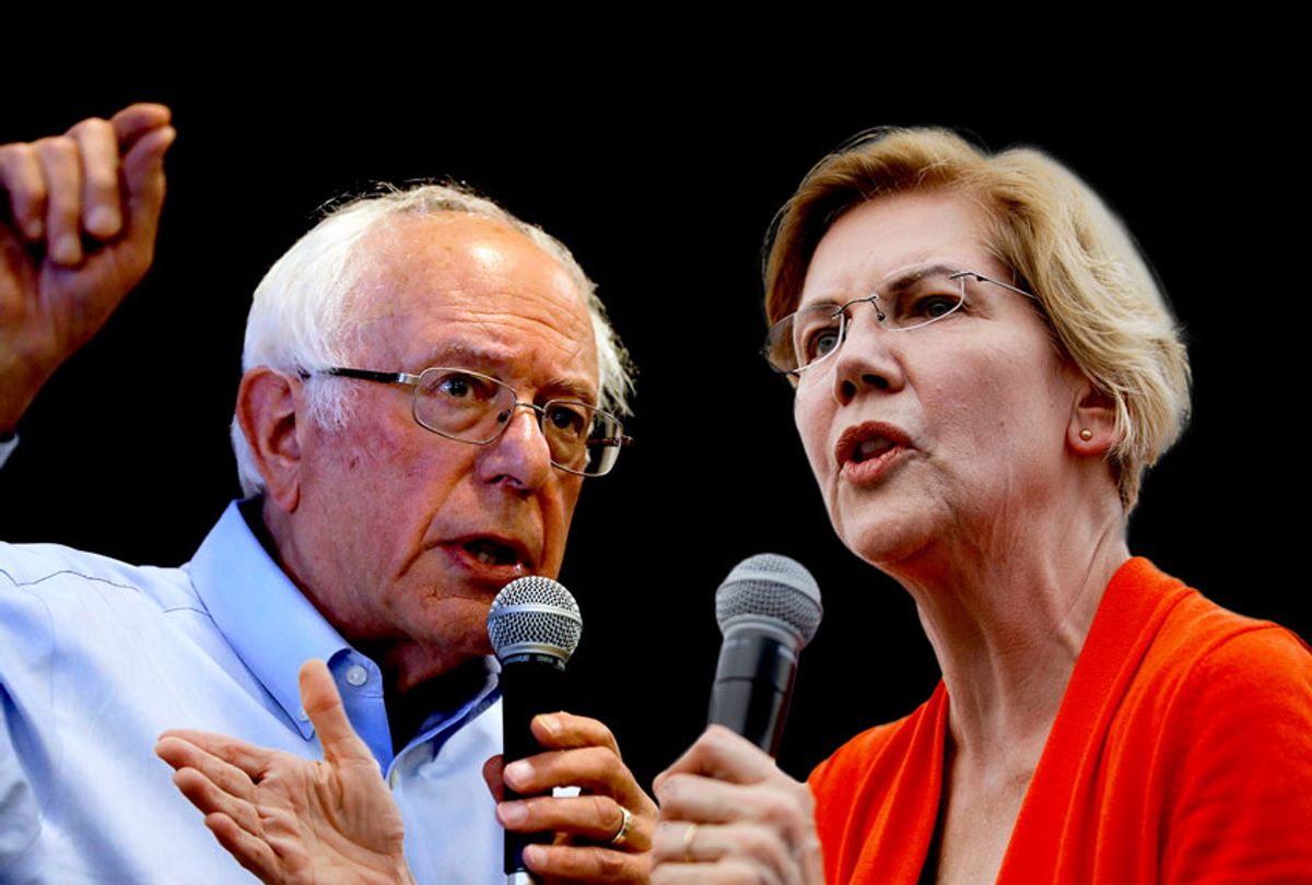 Democratic presidential candidates Sen. Elizabeth Warren and Sen. Bernie Sanders (Damairs Carter/MediaPunch/IPX/AP Photo/John Locher)
