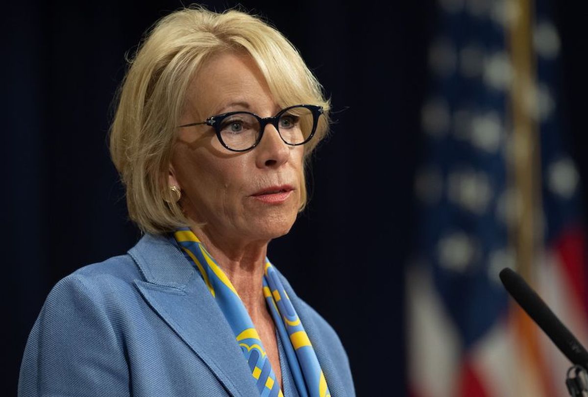 US Secretary of Education Betsy DeVos speaks during the Summit on Combating Anti-Semitism at the Department of Justice in Washington, DC, July 15, 2019. (Saul Loeb/AFP/Getty Images)
