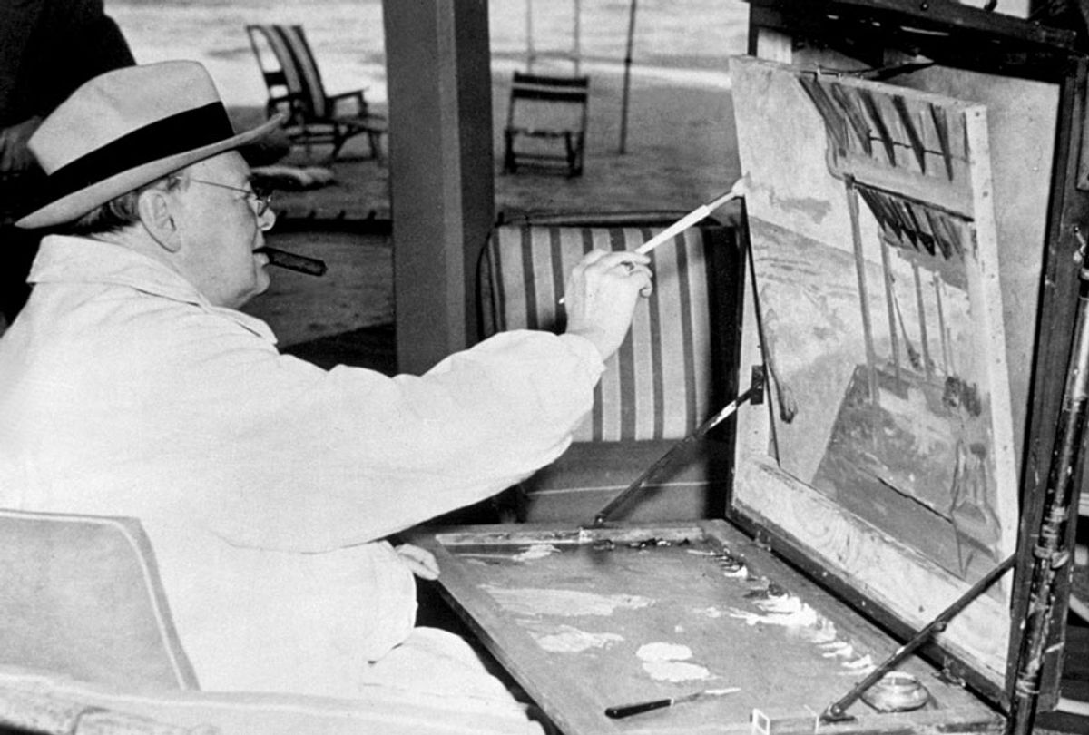 British statesman Winston Churchill (1874 - 1965) painting a beach scene from the Surf Club in Miami, Florida. (Photo by Central Press/Getty Images)
