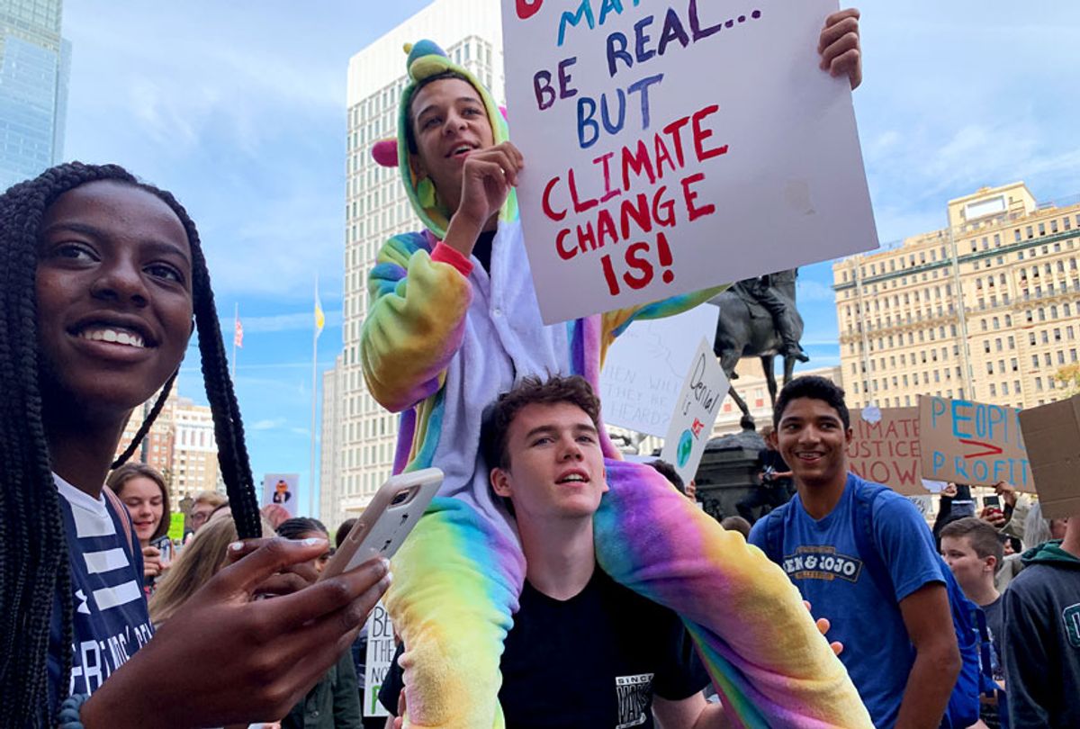 Students attend the climate strike at Philadelphia City Hall. Philadelphia was just one of the dozens of cities in which young people went on strike. (Amanda Marcotte)