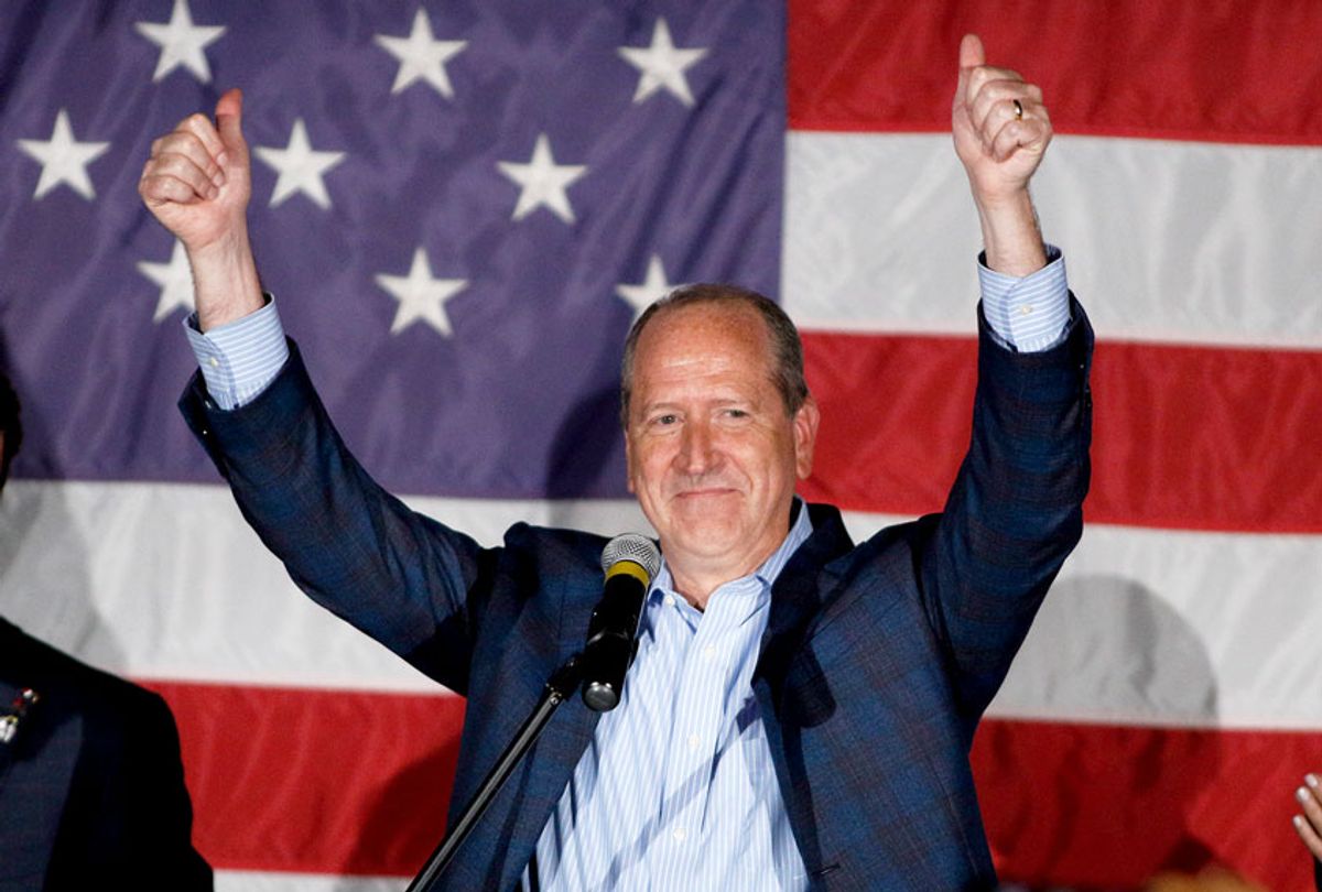 North Carolina 9th district Republican congressional candidate Dan Bishop celebrates his victory in Monroe, N.C., Tuesday, Sept. 10, 2019 (AP Photo/Nell Redmond)