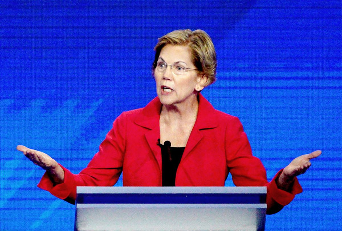Sen. Elizabeth Warren, D-Mass., responds to a question Thursday, Sept. 12, 2019, during a Democratic presidential primary debate hosted by ABC at Texas Southern University in Houston.  (AP Photo/David J. Phillip)