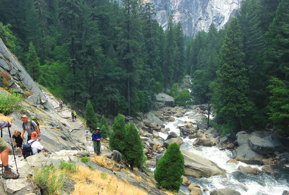 Visitors hike the Vernal Fall trail in Yosemite National Park, California. Yosemite is among California's biggest tourist destinations. (Sean Gallup/Getty Images)