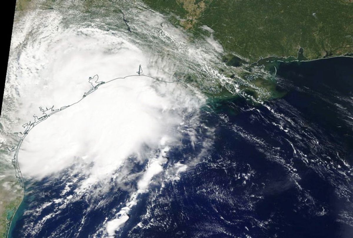 On Sept. 17 at 1:30 p.m. EDT (17:30 UTC), the MODIS instrument that flies aboard NASA’s Terra satellite showed newly formed Tropical Depression 11 just after it made landfall along the Texas coast. Credit:  (NASA Worldview)