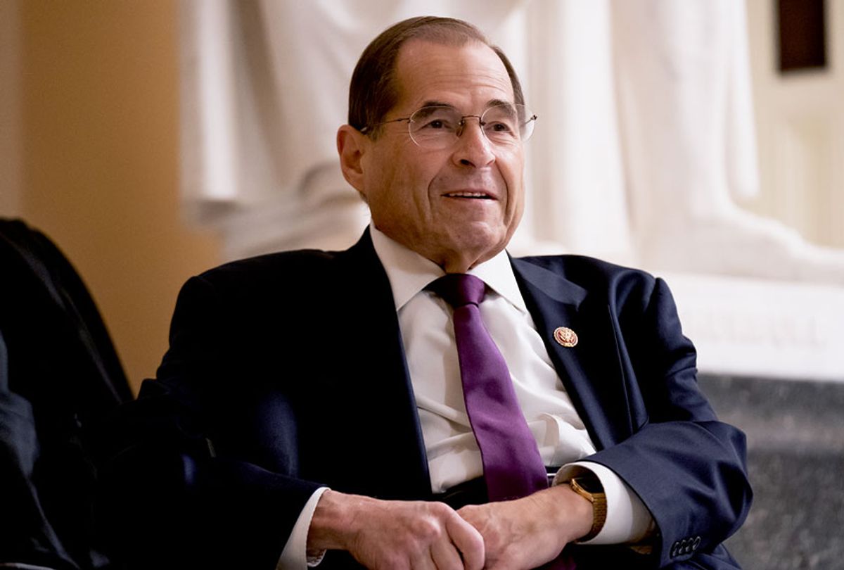 In this July 26, 2019, file photo, House Judiciary Committee Chairman Jerrold Nadler, D-N.Y., prepares for a television news interview at the Capitol in Washington. While more than 130 House Democrats _ more than half of the caucus _ have come out in favor of an impeachment inquiry into President Donald Trump, according to a tally by The Associated Press, those numbers don’t reflect the whole story. The number of Democrats who would actually vote to recommend articles of impeachment, at this point, is significantly smaller. (AP Photo/J. Scott Applewhite)