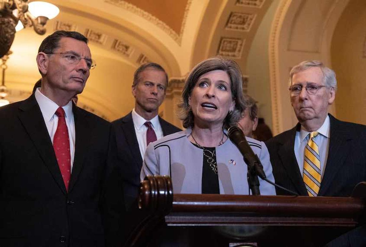 U.S. Republican Senator from Iowa Joni Ernst speaks to the press after the Republican weekly policy lunch at the Capitol in Washington, DC on May 14, 2019. (Nicholas Kamm/AFP/Getty Images)