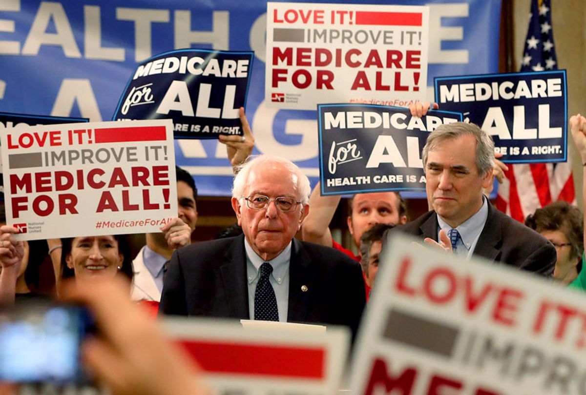 Sen. Bernie Sanders (I-VT) speaks while introducing health care legislation titled the "Medicare for All Act of 2019" with Sen. Kirsten Gillibrand (D-NY) and Sen. Jeff Merkley (D-OR), during a news conference on Capitol Hill, on April 9, 2019 in Washington, DC. (Mark Wilson/Getty Images)