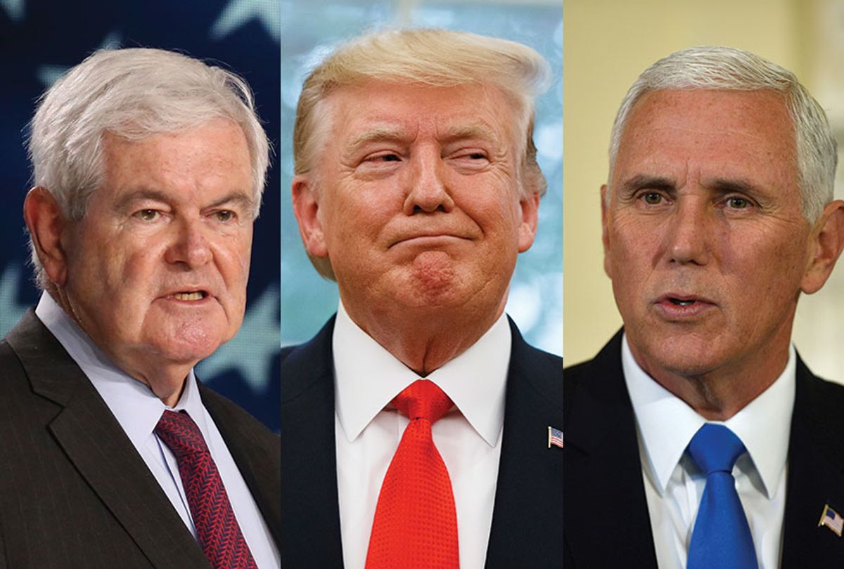 Former Speaker of the House Newt Gingrich, U.S. President Donald Trump, and U.S. Vice President Mike Pence (PETER SUMMERS/ZAKARIA ABDELKAFI/AFP/Getty Images/AP Photo/Alex Brandon/)