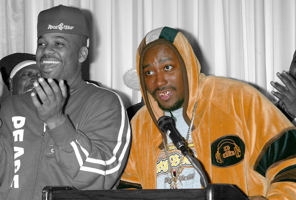 Damon Dash, CEO of Roc-A-Fella Records, and rapper Ol' Dirty Bastard (aka. ODB & Dirt McGirt)(R) attend a news conference to announce ODB's signing with Roc-A-Fella Records at the Rihga Royal Hotel May 1, 2003 in New York City. The controversial rapper was released from prison earlier today after being incarcerated for over two years. (Scott Gries/Getty Images)