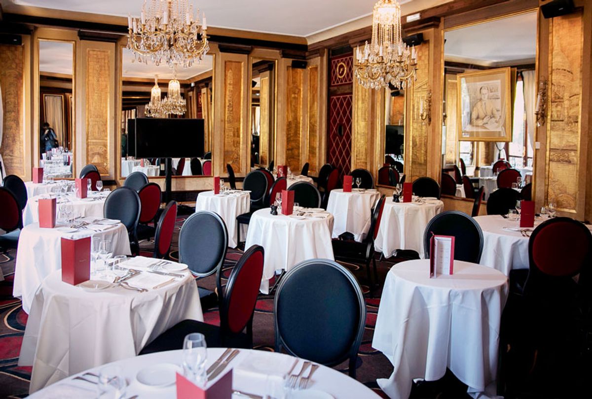 A view of a private saloon in Le Fouquet's Restaurant, prior to its reopening, on the Champs Elysees in Paris, Saturday, July 13, 2019. The famed restaurant Le Fouquet's will reopen on Sunday, Bastille Day, after it was vandalized and set on fire during the yellow vests demonstrations in March. ( (AP Photo/Kamil Zihnioglu)