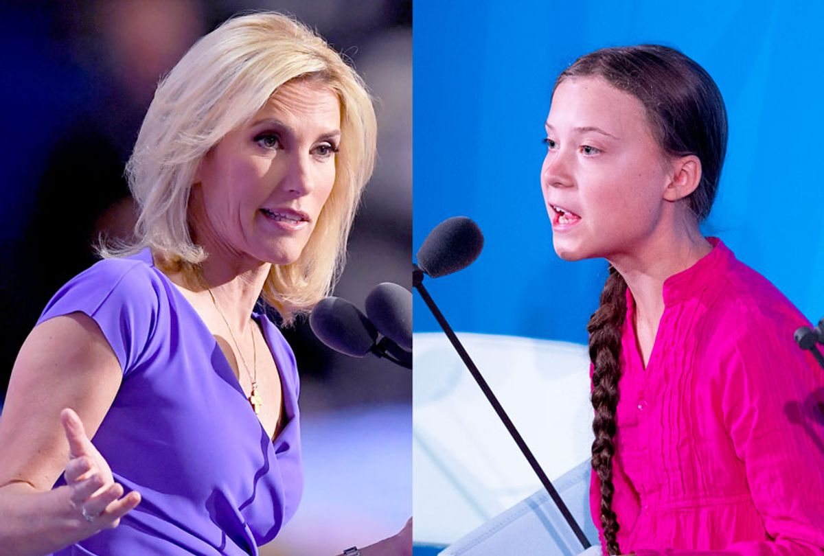 Youth Climate activist Greta Thunberg and conservative political commentator Laura Ingraham (AP Photo/Mark J. Terrill/Getty Images/Johannes EISELE /AFP)
