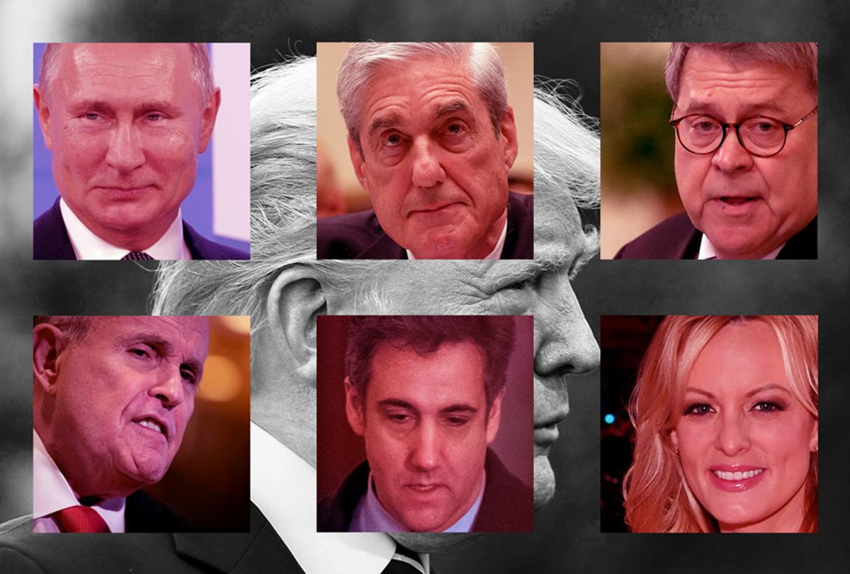 Donald Trump, Vladimir Putin, Bill Barr, Rudy Giuliani, Michael Cohen, and Stormy Daniels (AP Photo/Getty Images/Salon)