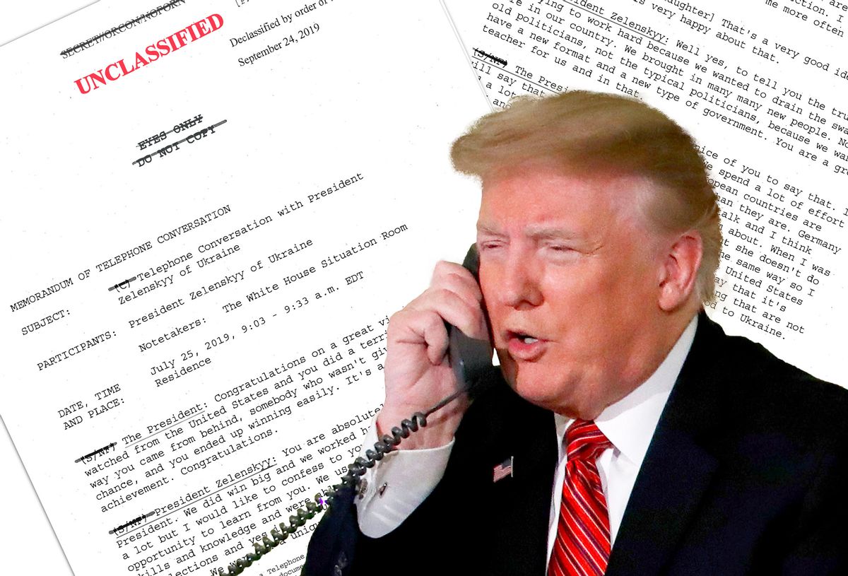 Donald Trump with transcripts of his phone call with the President of Ukraine (AP Photo/The White House/Salon)