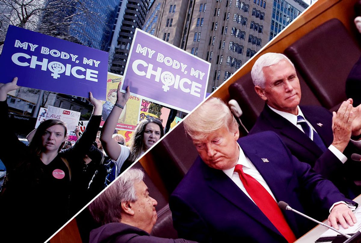 Split images of reproductive rights protest (L) and Trump attending a meeting on religious freedom and persecution at the UN (R) (Lisa Maree Williams/Drew Angerer/Getty Images)
