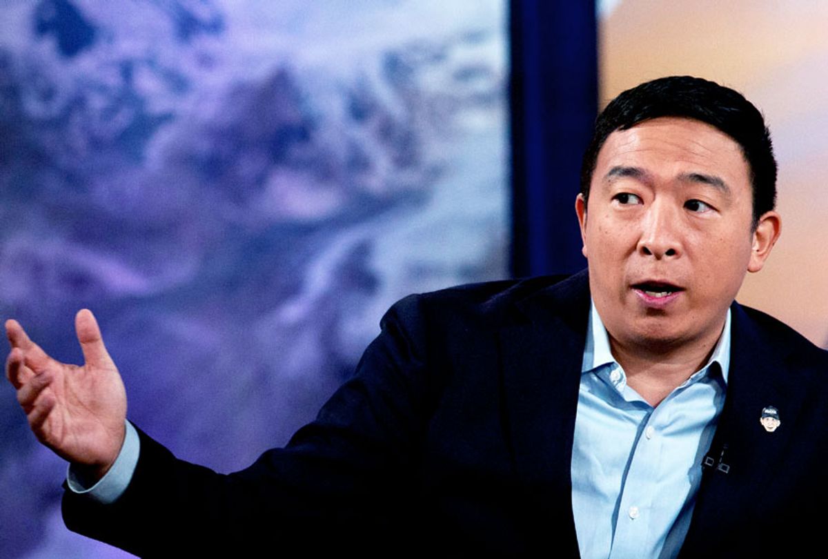 Democratic presidential candidate entrepreneur Andrew Yang speaks during the Climate Forum at Georgetown University, Thursday, Sept. 19, 2019, in Washington.  (AP Photo/Jose Luis Magana)