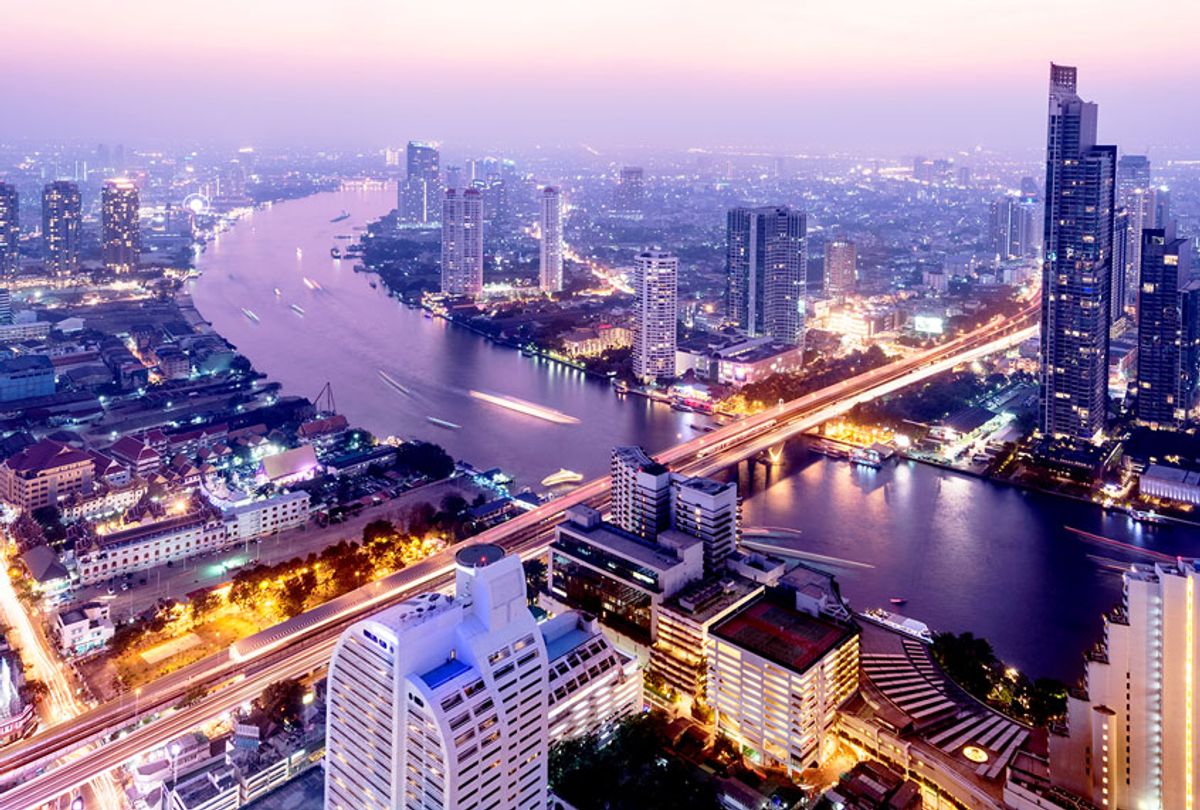 Aerial view of the Bangkok city skyline and the Chao Phraya River, Thailand. (Getty Images/Deejpilot)