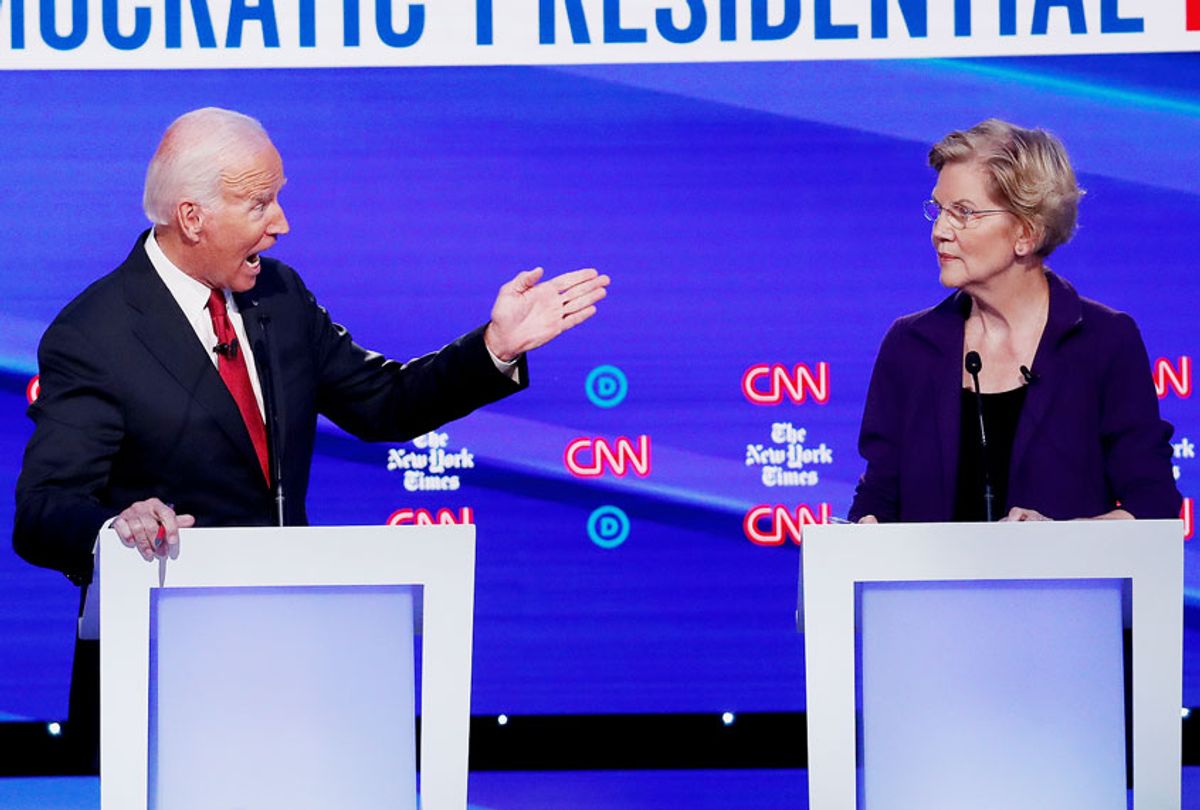 Democratic presidential candidate former Vice President Joe Biden, left, and Sen. Elizabeth Warren, D-Mass., participate in a Democratic presidential primary debate hosted by CNN/New York Times at Otterbein University, Tuesday, Oct. 15, 2019, in Westerville, Ohio. (AP Photo/John Minchillo)