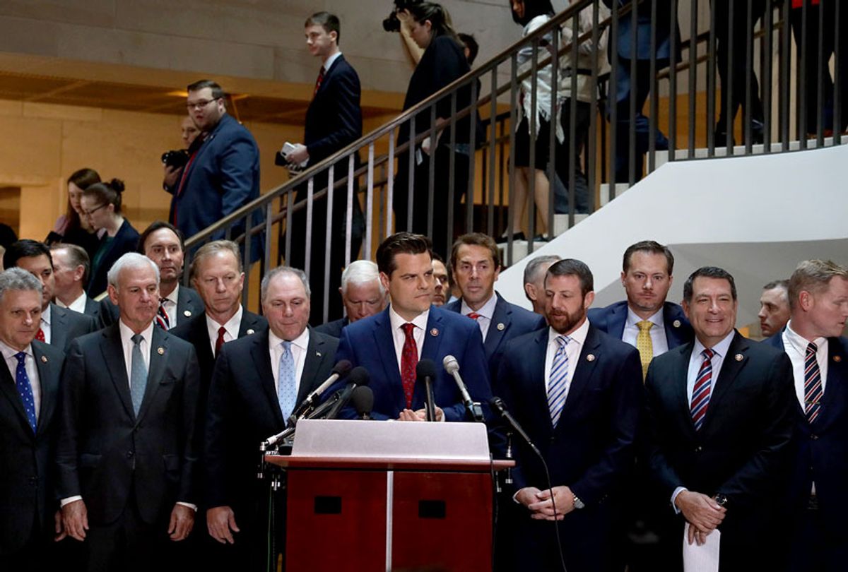 Flanked by about two dozen House Republicans, U.S. Rep. Matt Gaetz (R-FL) speaks during a press conference at the U.S. Capitol October 23, 2019 in Washington, DC. Rep. Gaetz held the press conference to call for transparency in the impeachment inquiry.  (Alex Wong/Getty Images)