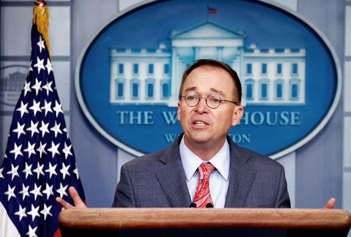White House chief of staff Mick Mulvaney announces that the G7 will be held at Trump National Doral, Thursday, Oct. 17, 2019, in Washington.  (AP Photo/Evan Vucci)