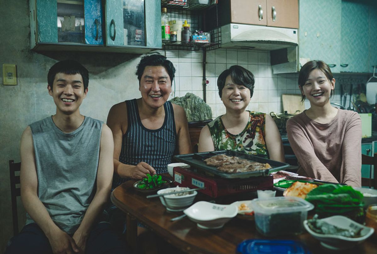 The Kim Family (Woo-sik Choi, Kang-ho Song, Hye-jin Jang, So-dam Park) in Parasite.  (Courtesy of NEON + CJ Entertainment)