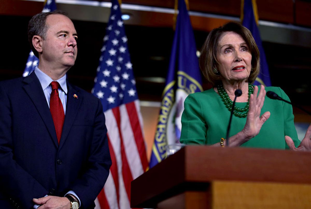 U.S. Speaker of the House Rep. Nancy Pelosi (D-CA) speaks as Chairman of House Intelligence Committee Rep. Adam Schiff (D-CA) listens during a news conference at the U.S. Capitol October 15, 2019 in Washington, DC. Pelosi said she is holding off on a full House vote to authorize an impeachment inquiry against President Donald Trump. (Alex Wong/Getty Images)