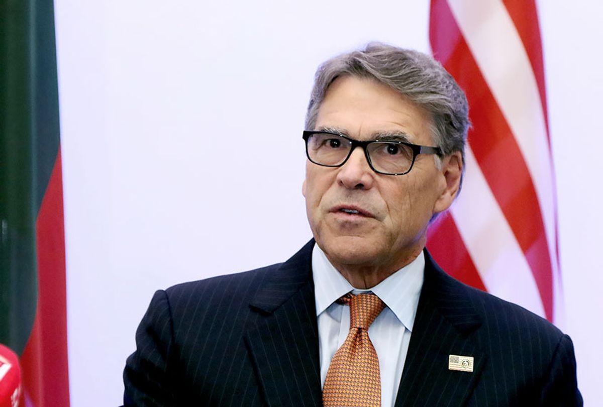 US Secretary of Energy Rick Perry delivers a statement after signing an agreement with Estonian, Lithuanian and Latvian counterparts on strengthening energy cooperation between the US and the Baltic States during a meeting in Vilnius, Lithuania, on October 6, 2019. - The United States and Baltic states on October 6, 2019 agreed to beef up cooperation to protect the Baltic energy grid from cyber attacks as they disconnect from the Russian electricity grid. (PETRAS MALUKAS/AFP via Getty Images)