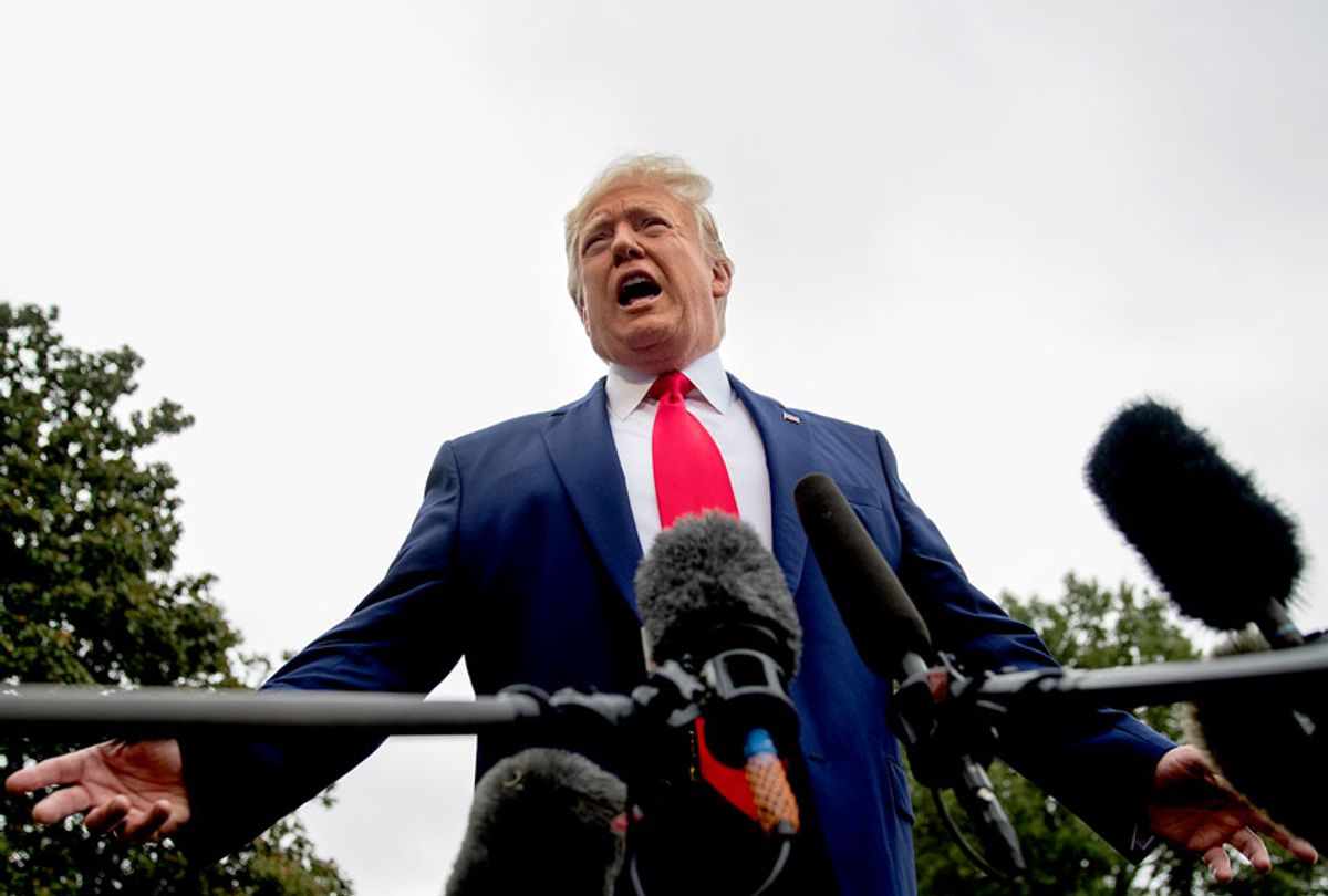 President Donald Trump speaks to the media on the South Lawn of the White House in Washington, Thursday, Oct. 3, 2019, before boarding Marine One for a short trip to Andrews Air Force Base, Md., and then on to Florida. (AP Photo/Andrew Harnik)