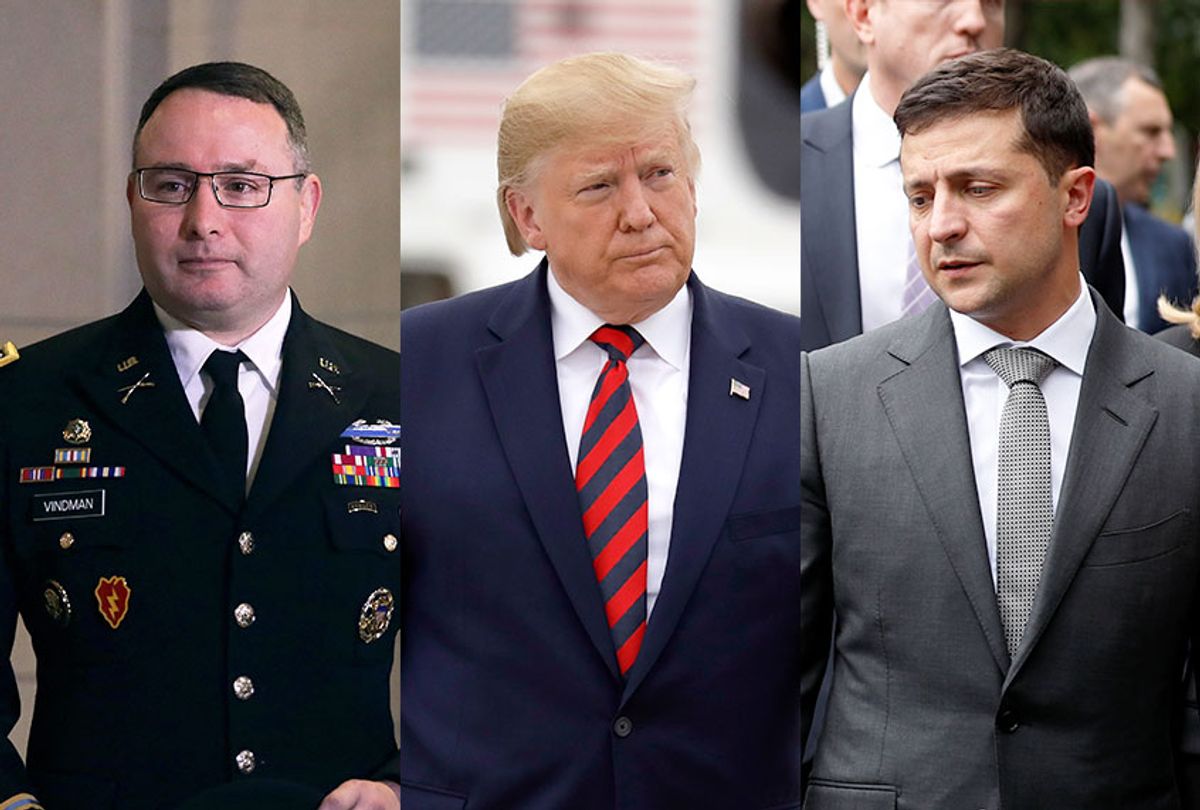Army Lieutenant Colonel Alexander Vindman, US President Donald Trump, and Ukraine President Volodymyr Zelensky (AP Photo/Seth Wenig/Evan Vucci/Getty Images/Alex Wong)